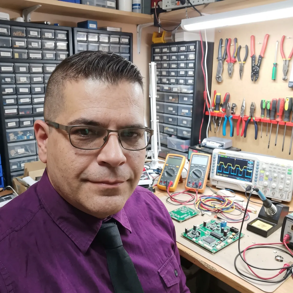 Portrait of Wico at an electronics workbench.